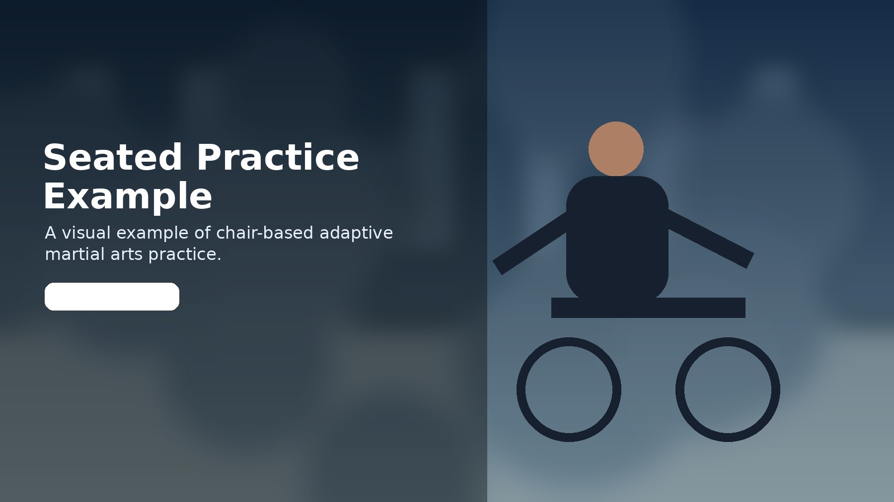Photorealistic-style example of seated adaptive martial arts practice for someone using chair-based movement