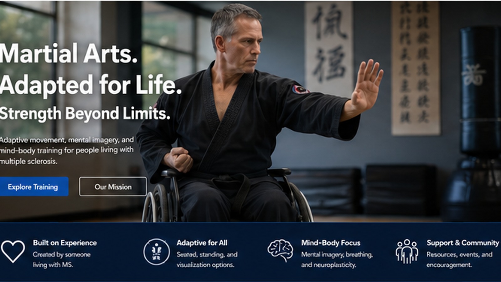 Photorealistic MA4MS hero image showing adaptive martial arts practice for people living with multiple sclerosis