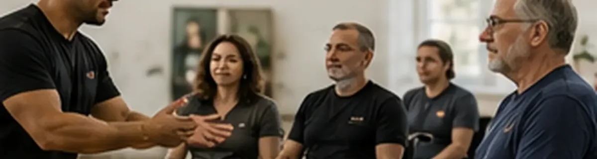 An instructor discussing adaptations with adult martial arts students